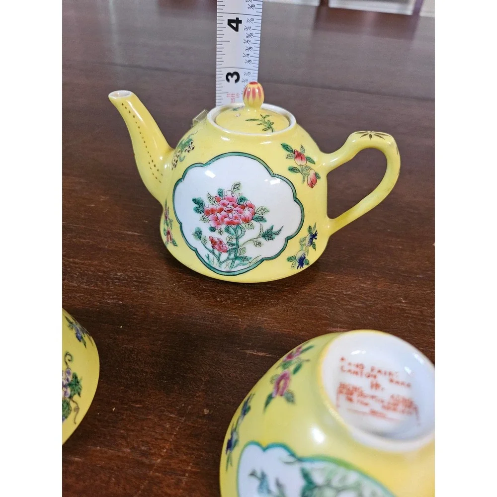 Hand Painted Canton Ware Tea Set Yellow Floral Porcelain 3pc Teapot Cup
